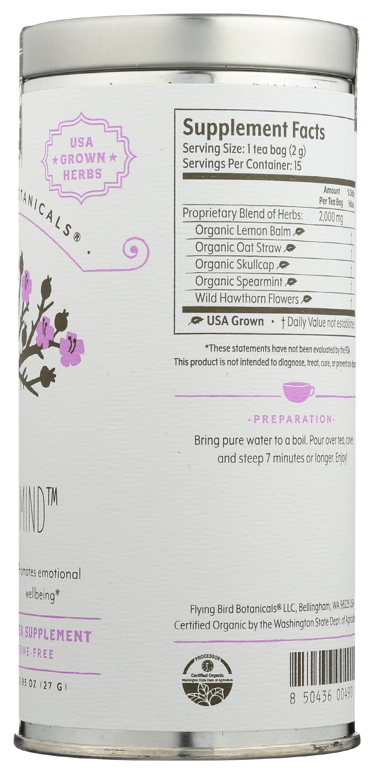 FLYING BIRD BOTANICALS Peace Of Mind Tea, 15 CT