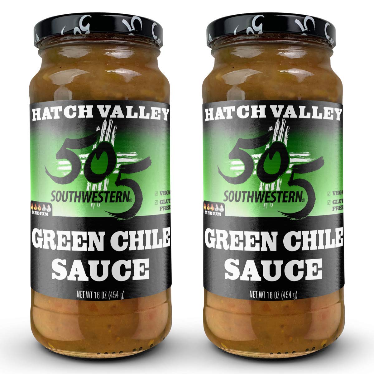 Hatch Valley Green Chile Sauce - (2 - 16oz) 505 Southwestern - with Recipes (by Beying Malleyteen) (Medium Sauce)