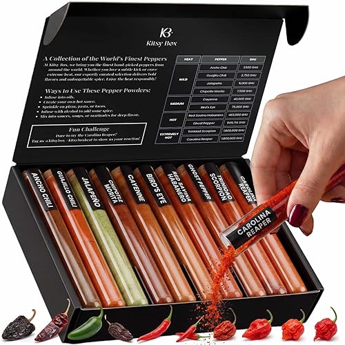 KITSY BOX Premium Pepper Powder Variety Pack - 10 Gourmet Chili Powders from Mild to World's Hottest | Ghost Pepper, Carolina Reaper, Habanero