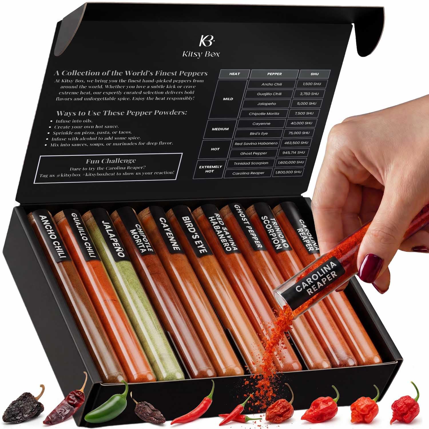 KITSY BOX Premium Pepper Powder Variety Pack - 10 Gourmet Chili Powders from Mild to World's Hottest | Ghost Pepper, Carolina Reaper, Habanero