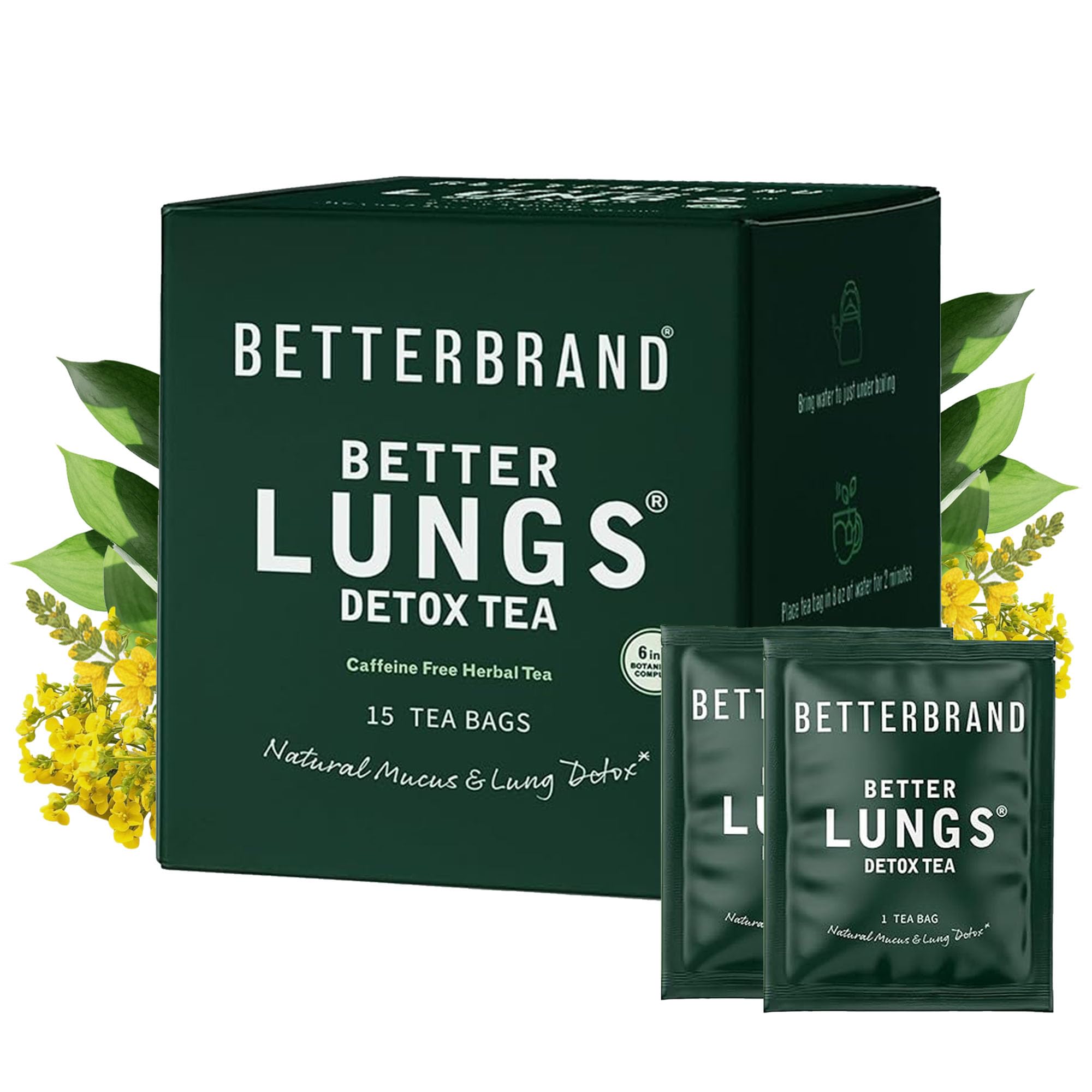 Betterbrand Mullein Tea Bags for Lung Detox - Respiratory Support with Thyme, Elderberry, Ginseng, Ginger, Caffeine Free Herbal Blend - 15 Tea Bags