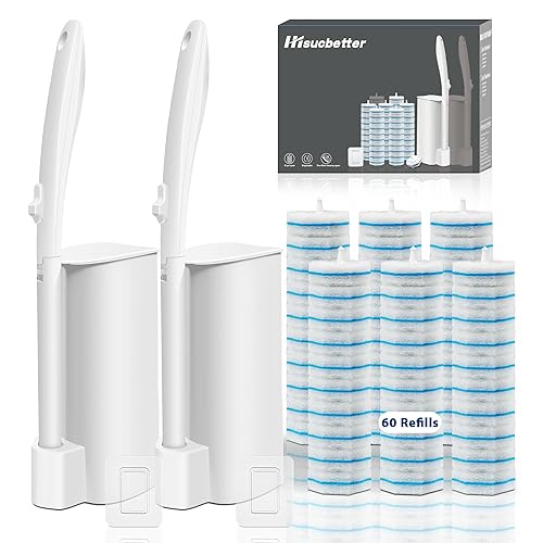 2 Pack Disposable Toilet Brush Set with 60 Refills, Wall-mounted Toilet Bowl Wand Kit-2 Extend Toliet Wand, 2 Storage Holder&60 Disposable Refill