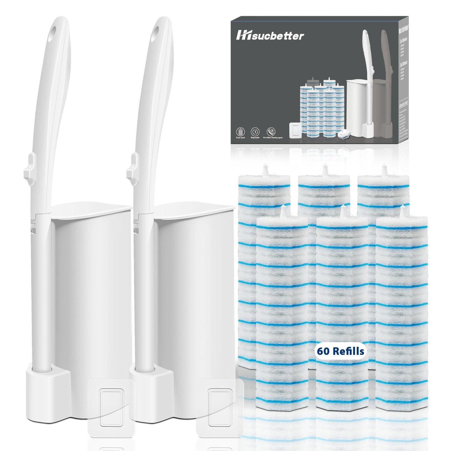 2 Pack Disposable Toilet Brush Set with 60 Refills, Wall-mounted Toilet Bowl Wand Kit-2 Extend Toliet Wand, 2 Storage Holder&60 Disposable Refill