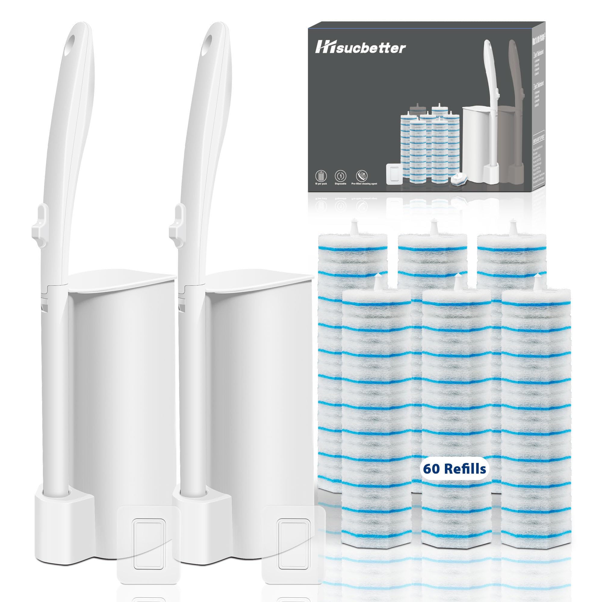 2 Pack Disposable Toilet Brush Set with 60 Refills, Wall-mounted Toilet Bowl Wand Kit-2 Extend Toliet Wand, 2 Storage Holder&60 Disposable Refill