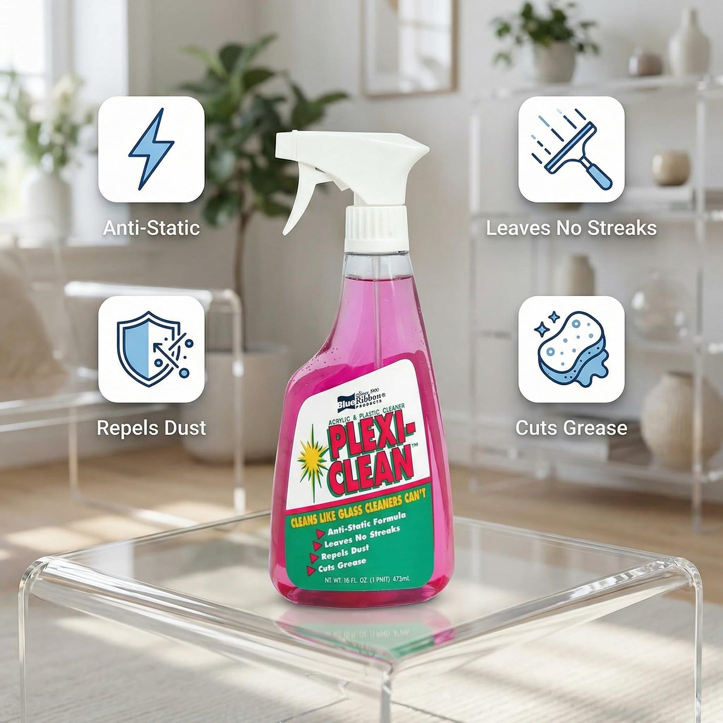 Blue Ribbon Plexi-Clean Acrylic & Plastic Cleaner 16 oz - 3 Pack - Vinyl Cleaner & Plastic Polish - Acrylic Surface Care for Furniture - Car Interior