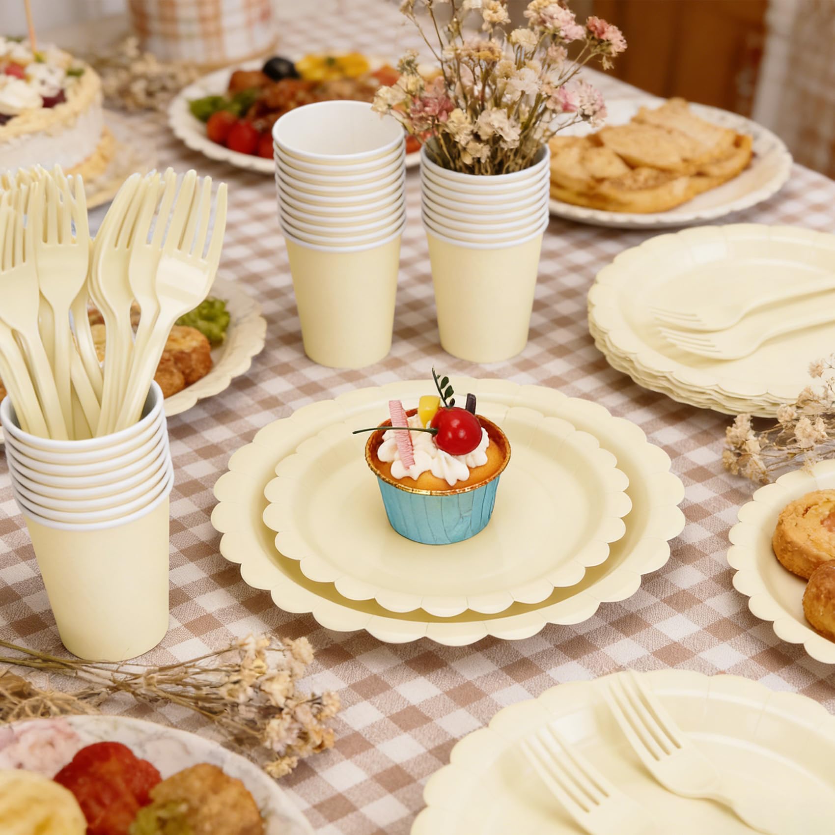 200Pcs Ivory Paper Plates and Napkins, 9’’and 7’’ Disposable Scalloped Cream Party Plates Cups Napkins Forks Set Party Supplies for Baby Shower Bridal