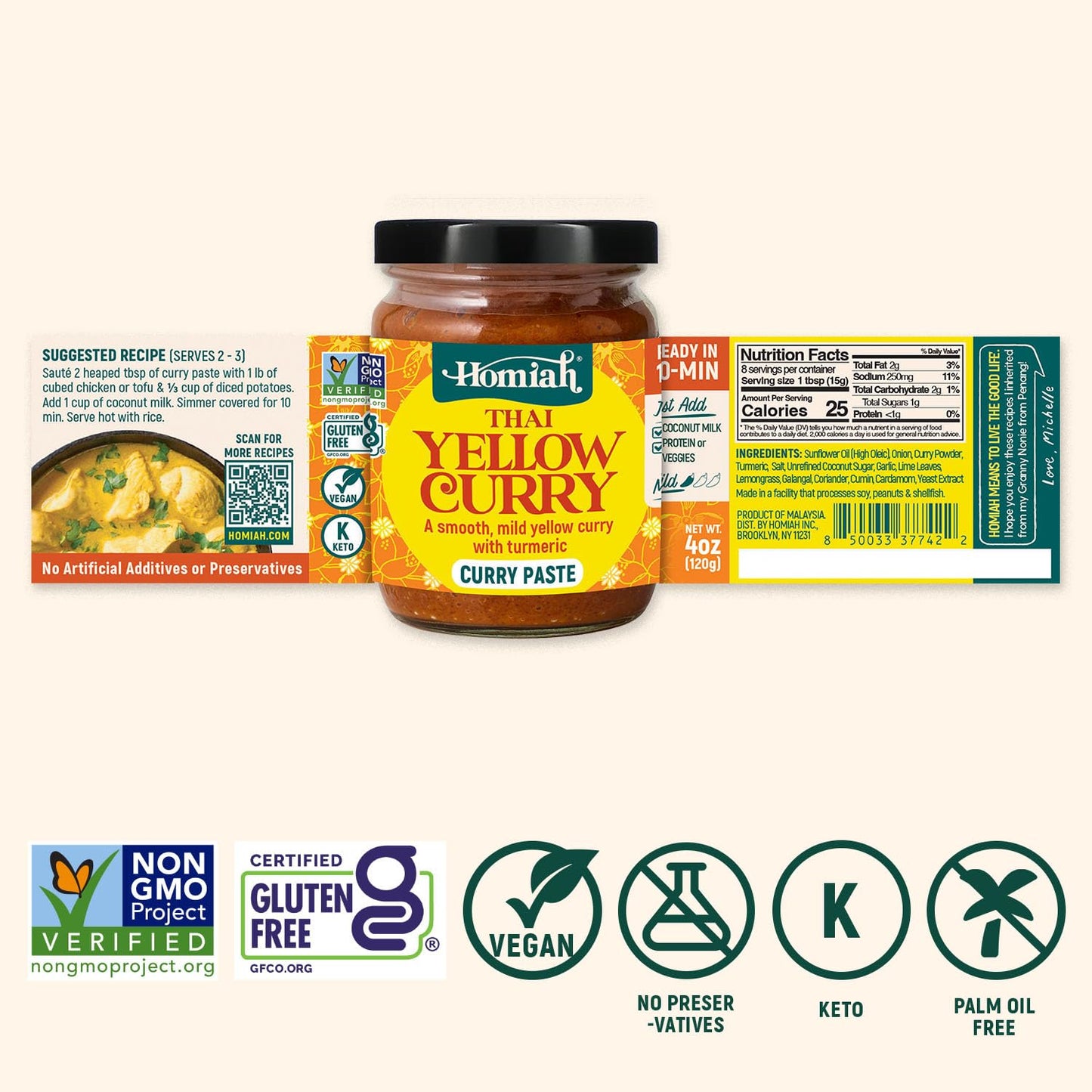 Homiah Yellow Curry Paste, 4 Oz - Vegan, Gluten-Free, Non-GMO Thai Paste with Turmeric, Thai Essentials for Kitchen - Premium Mild Yellow Paste