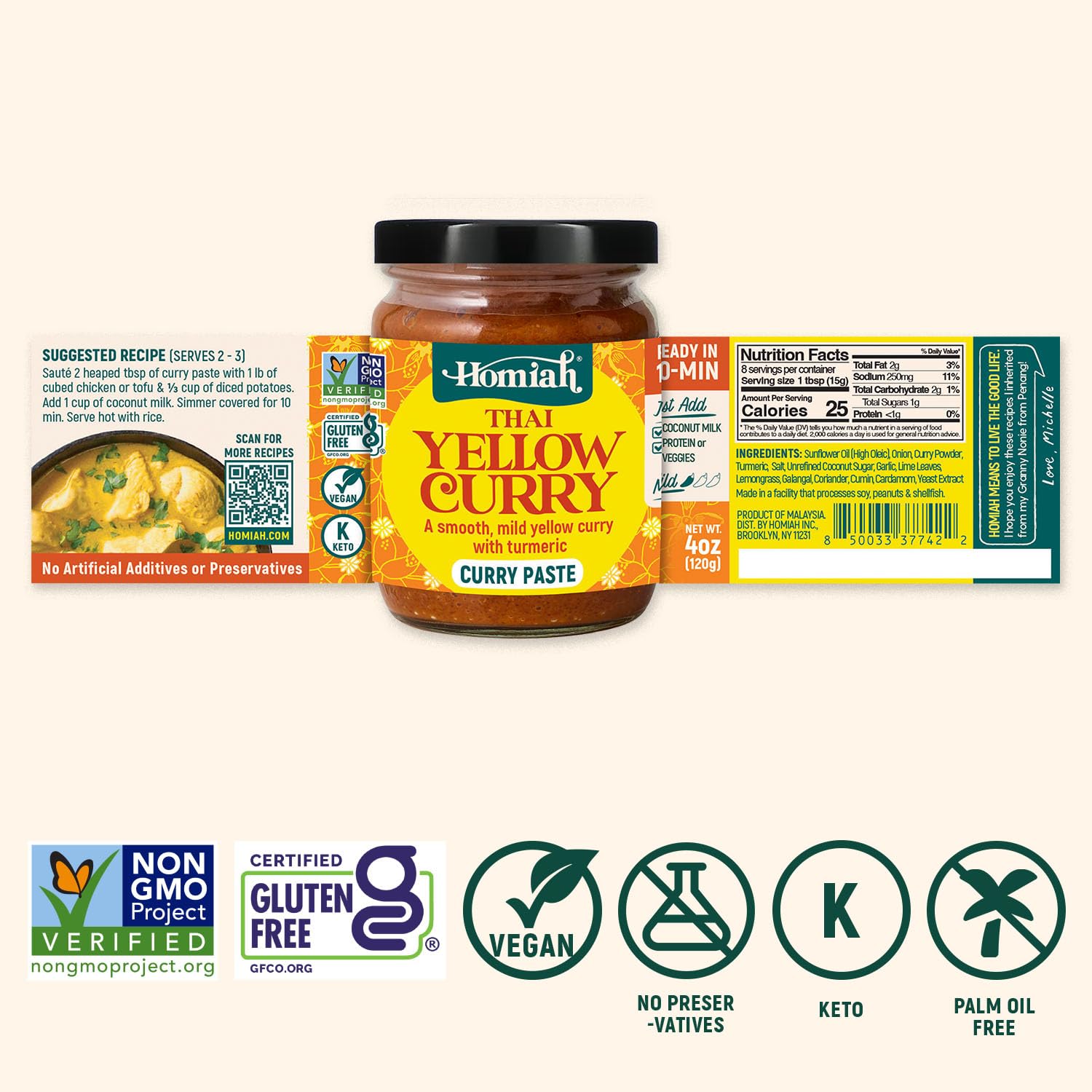 Homiah Yellow Curry Paste, 4 Oz - Vegan, Gluten-Free, Non-GMO Thai Paste with Turmeric, Thai Essentials for Kitchen - Premium Mild Yellow Paste
