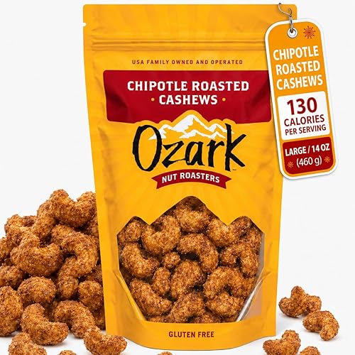 OZARK NUT ROASTERS, Chipotle Roasted Cashews with Spicy Kick, Flavored Savory Snacks, World-Class Gourmet Candied Nuts, Resealable Pack (14 oz)