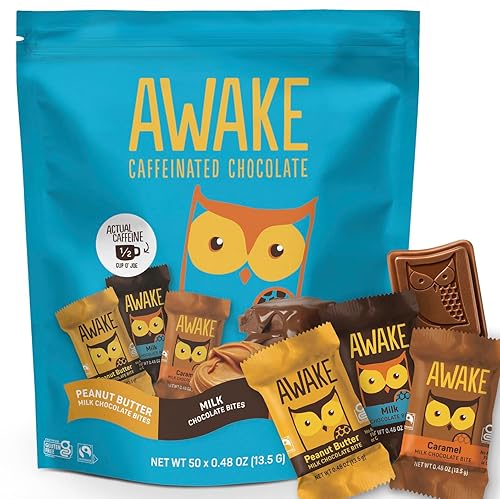 AWAKE - Caffeinated Chocolate Bites - 50mg Caffeine - Variety Pack (3 Flavors), 50 Bites - Peanut Butter, Milk, & Caramel - Energy Bites - Coffee