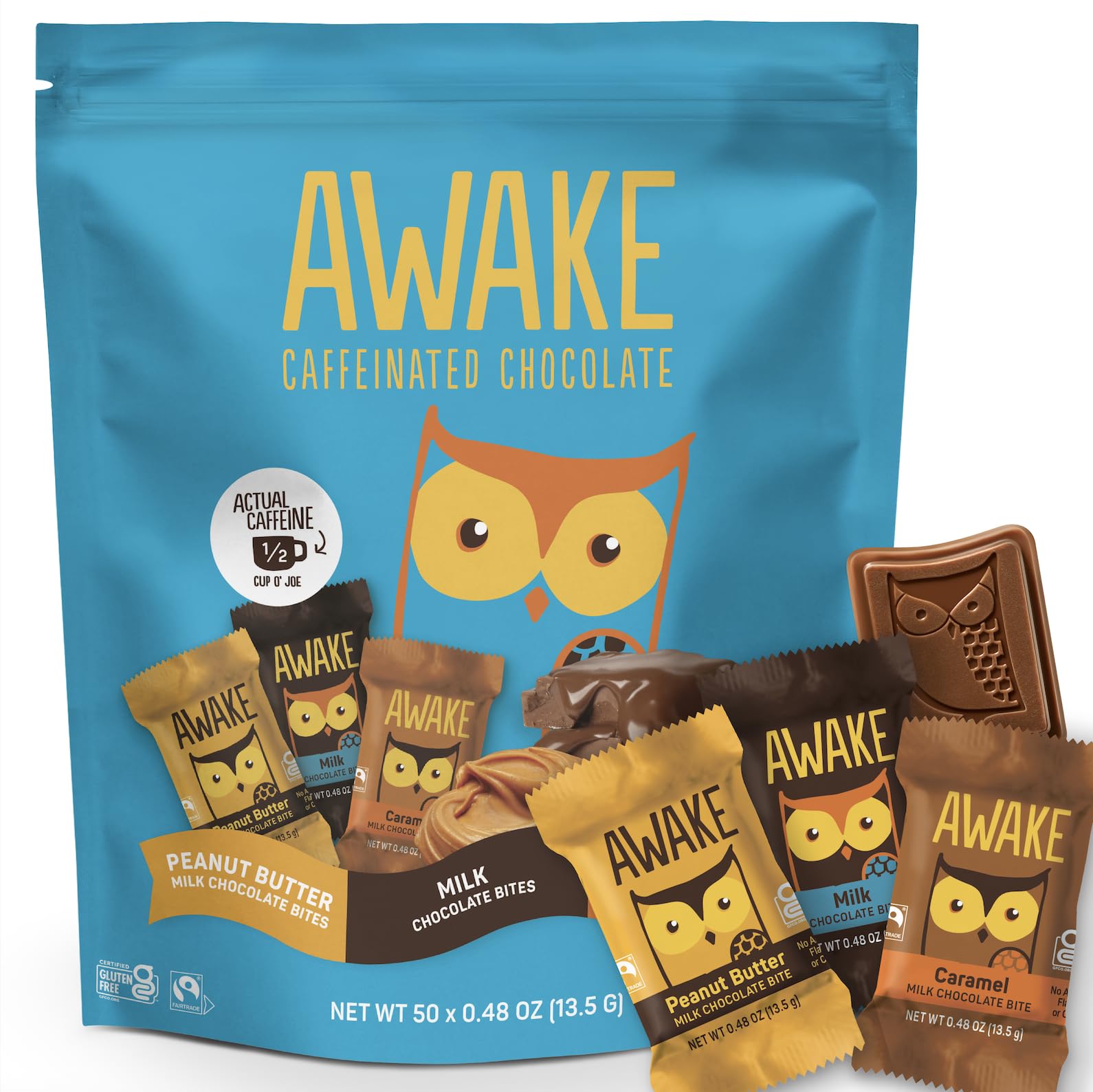 AWAKE - Caffeinated Chocolate Bites - 50mg Caffeine - Variety Pack (3 Flavors), 50 Bites - Peanut Butter, Milk, & Caramel - Energy Bites - Coffee