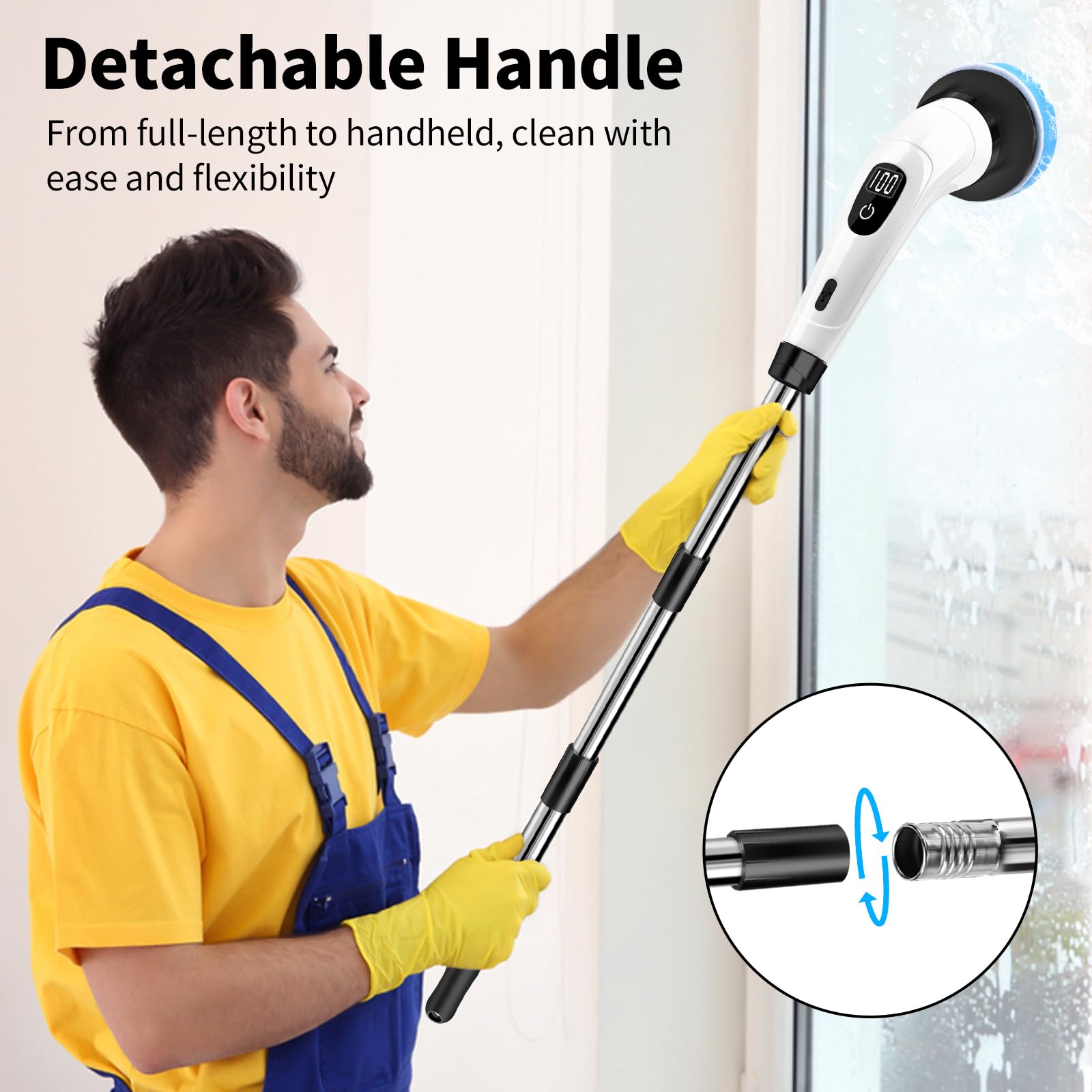 GOXAWEE Electric Spin Scrubber, Cordless Cleaning Brush with 8 Replaceable Brush Heads, Power Shower Scrubber with Long Handle for Bathroom, Tub