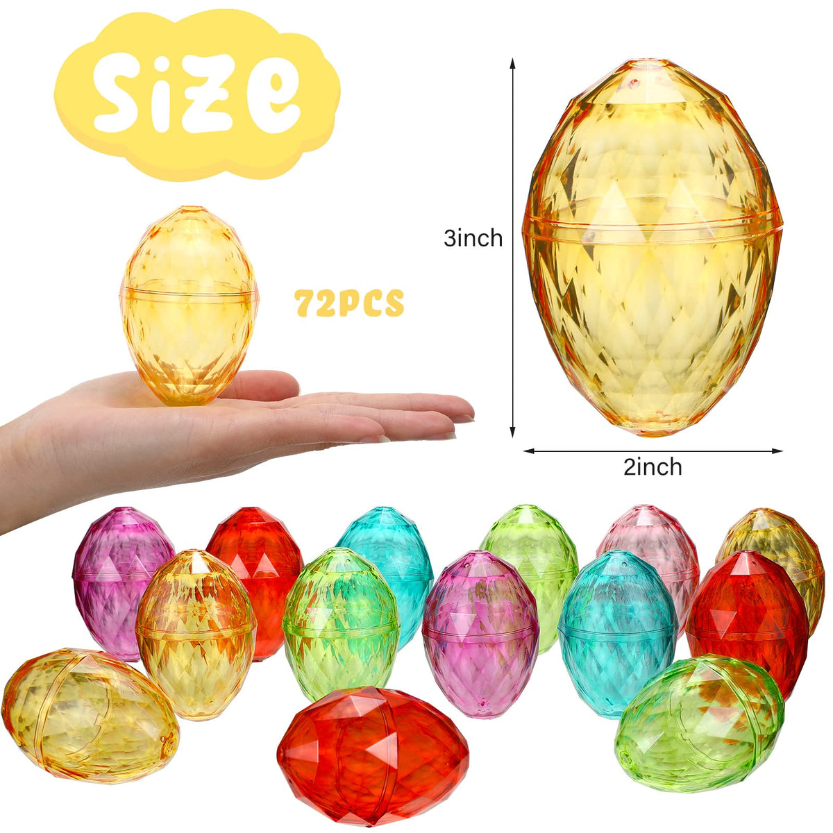 Fumete Large Diamond Easter Eggs with Stickers 3 Inch Fillable Plastic Pastel Eggs Translucent Colorful Eggs Bulk for Filling Treats Basket Stuffer