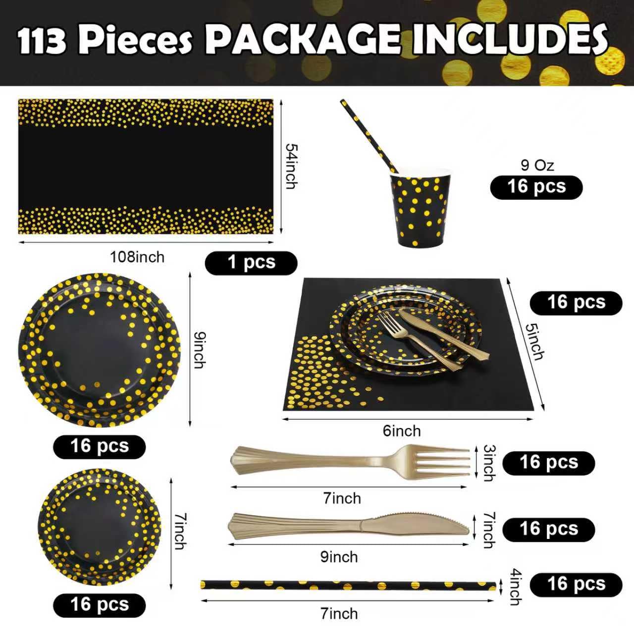 129PCS Black Gold Paper Plates Party Supplies Dinnerware Sets for 16 Guests, Disposable Paper Party Plates, Dessert Plates, Cups, Napkins, Plastic