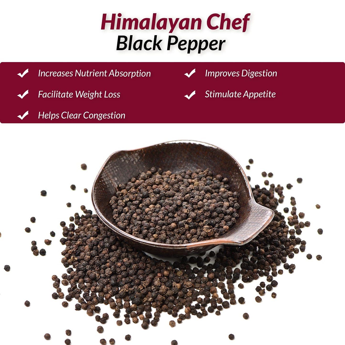 Himalayan Chef Whole Black Peppercorns, Square Plastic Grinder-6.17oz