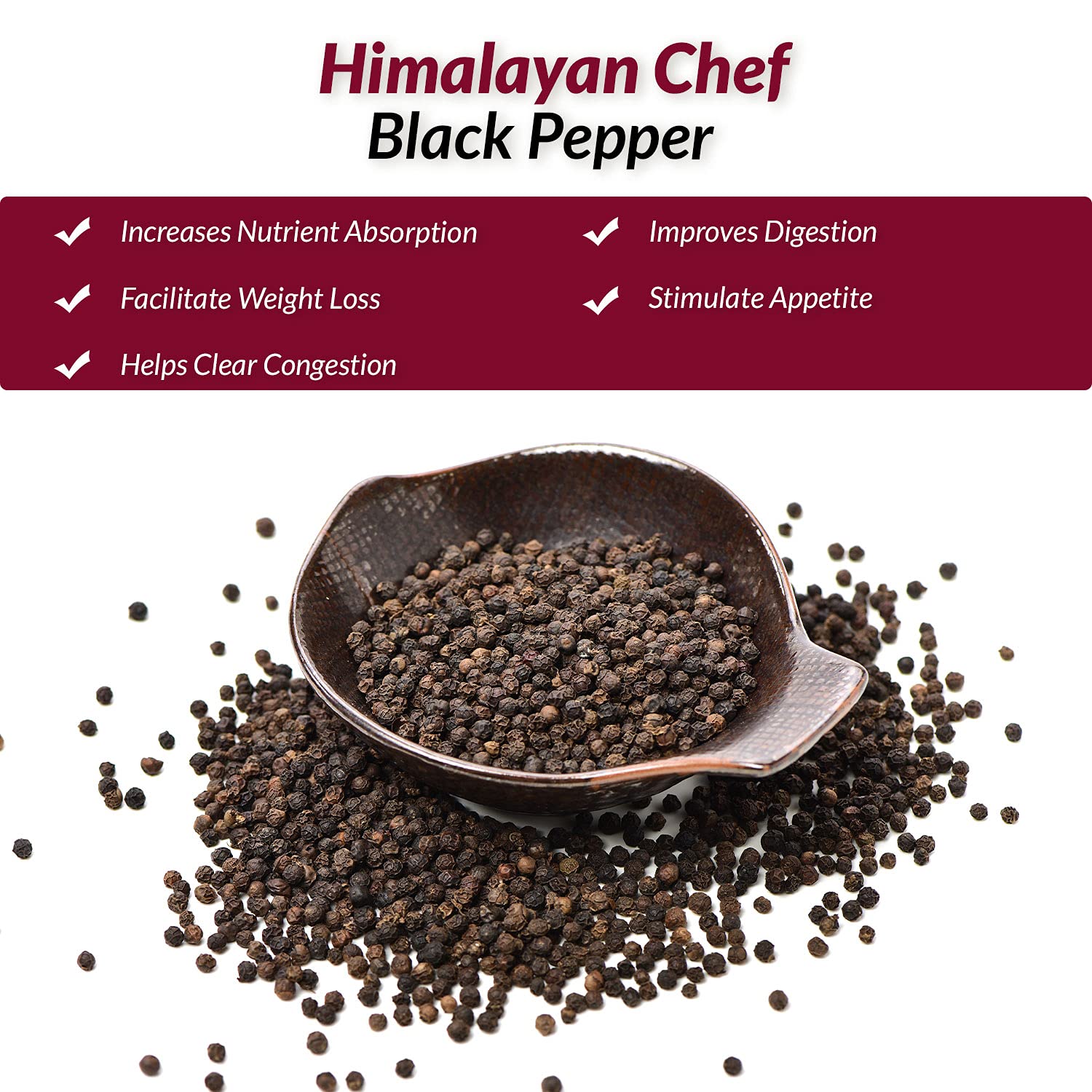 Himalayan Chef Whole Black Peppercorns, Square Plastic Grinder-6.17oz