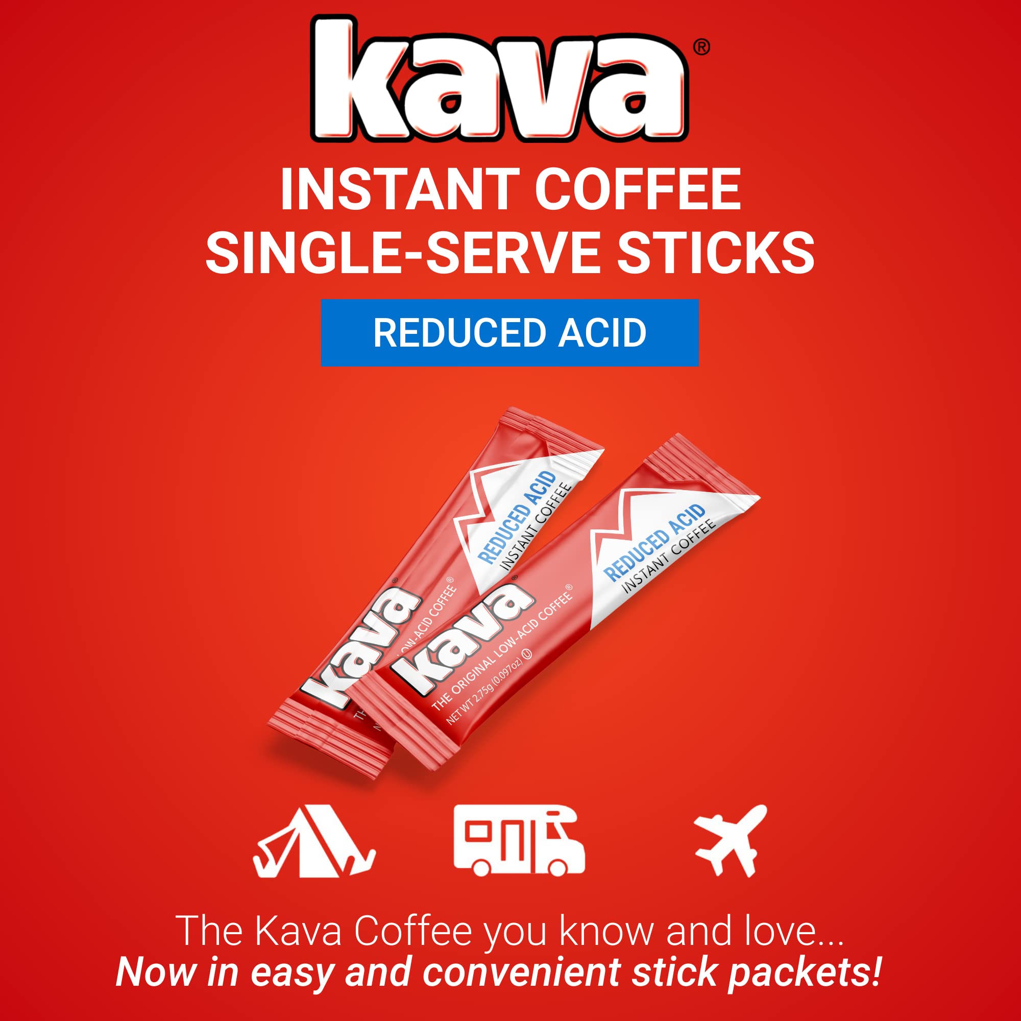 Kava Low Acid Instant Coffee Gift Set, 4 Ounce Glass Jar & 20 Single Serve Stick Packets for On-The-Go & Travel