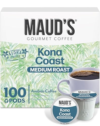 Maud's Kona Coffee Pods, 100 ct, Medium Roast Coffee in Single Serve Pods - 100% Arabica Coffee, Compatible with Keurig K Cups Maker