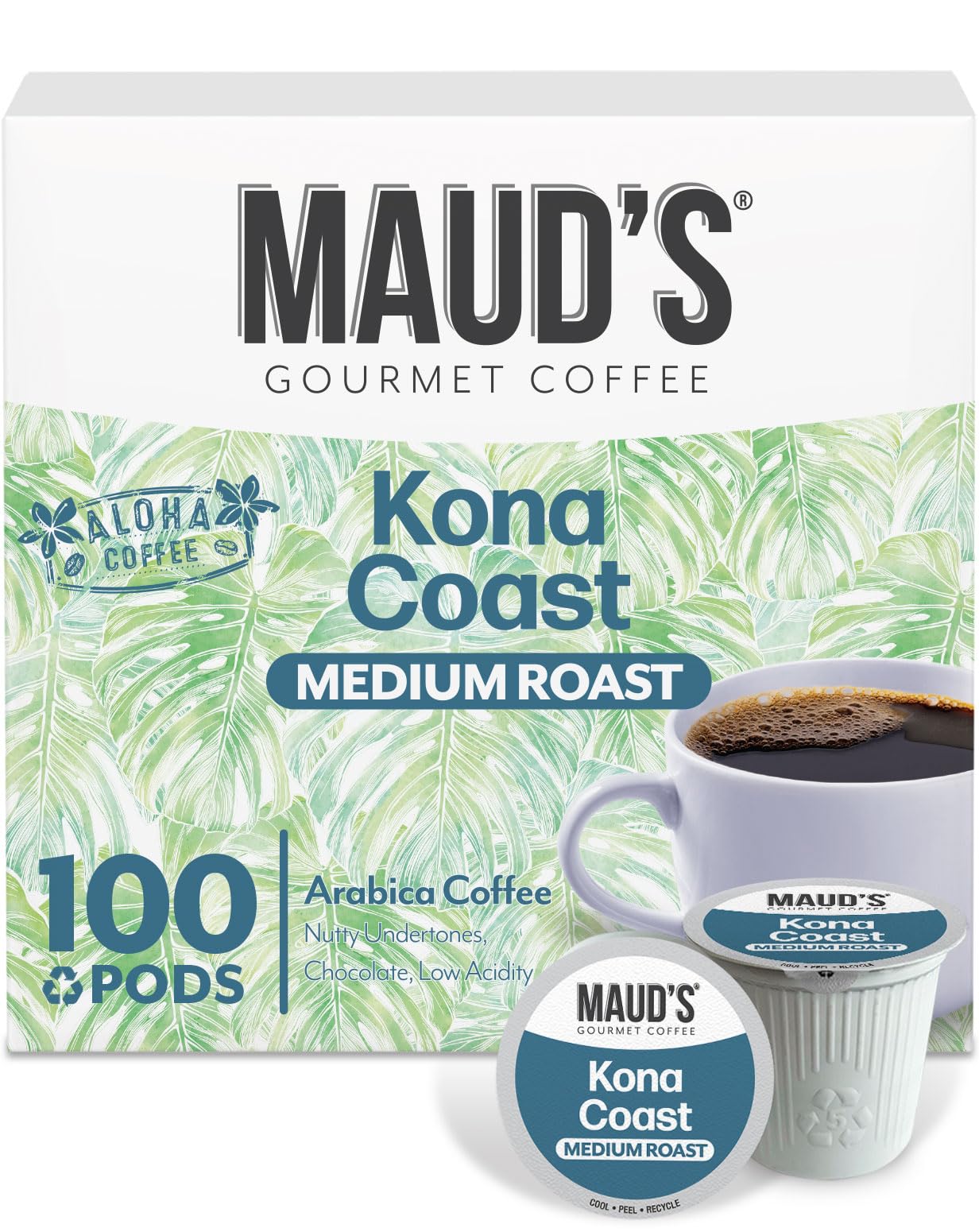 Maud's Kona Coffee Pods, 100 ct, Medium Roast Coffee in Single Serve Pods - 100% Arabica Coffee, Compatible with Keurig K Cups Maker