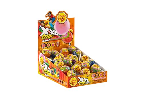 Chupa Chups XXL Trio 3-in-1 Lollipop Assortment, 4 Flavors, Individually Wrapped Candy for Kids, 48.9 Oz Display Box (48 Suckers)