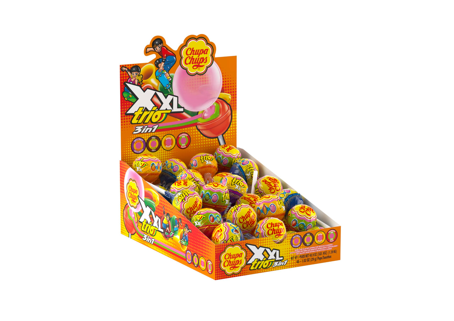 Chupa Chups XXL Trio 3-in-1 Lollipop Assortment, 4 Flavors, Individually Wrapped Candy for Kids, 48.9 Oz Display Box (48 Suckers)