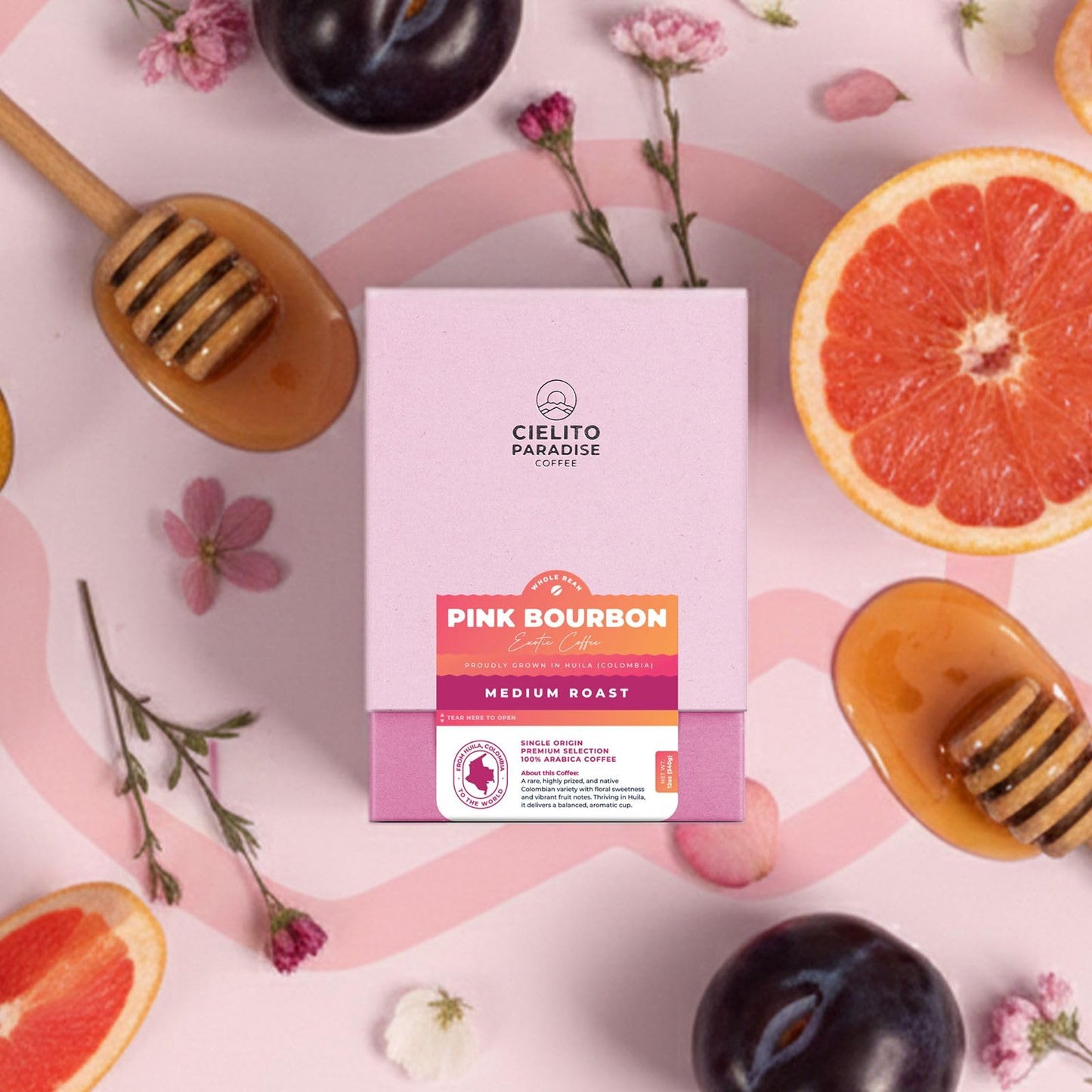 Cielito Paradise Coffee Pink Bourbon Medium Roast, Single Origin Whole Bean Coffee from Huila Colombia, 12oz