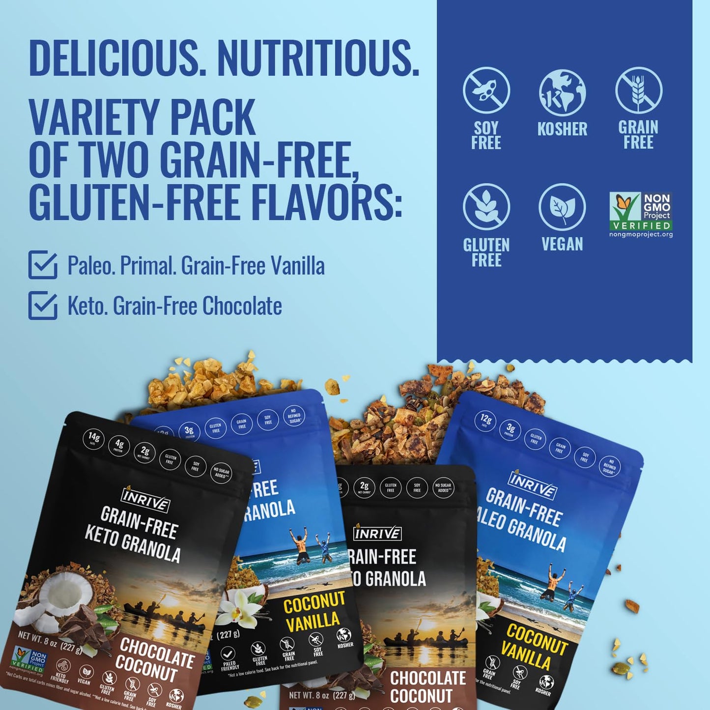 Inrive Grain Free Granola Variety Pack, Paleo Vanilla and Keto Chocolate, Gluten-Free, Soy-Free, Kosher, No Refined Sugar, 4 Pack, 8 oz
