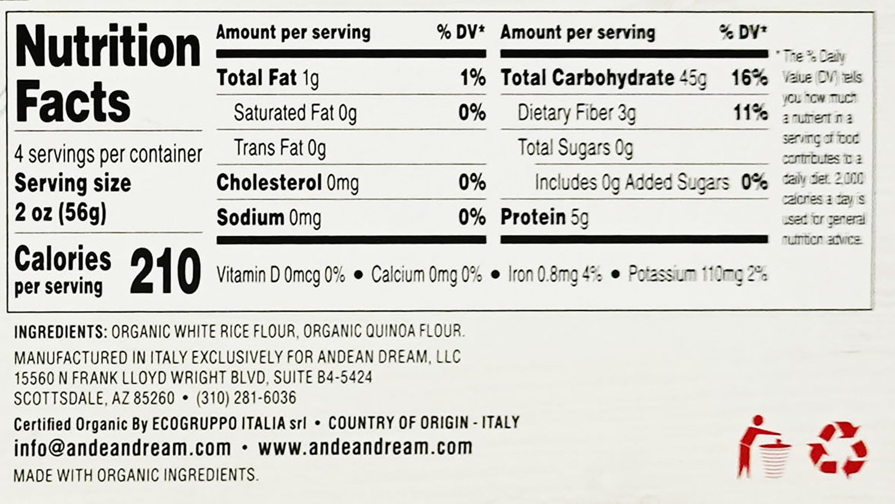 Andean Dream Org Spaghetti Quinoa Pasta Gluten Free ,8 Oz(Pack of 12)
