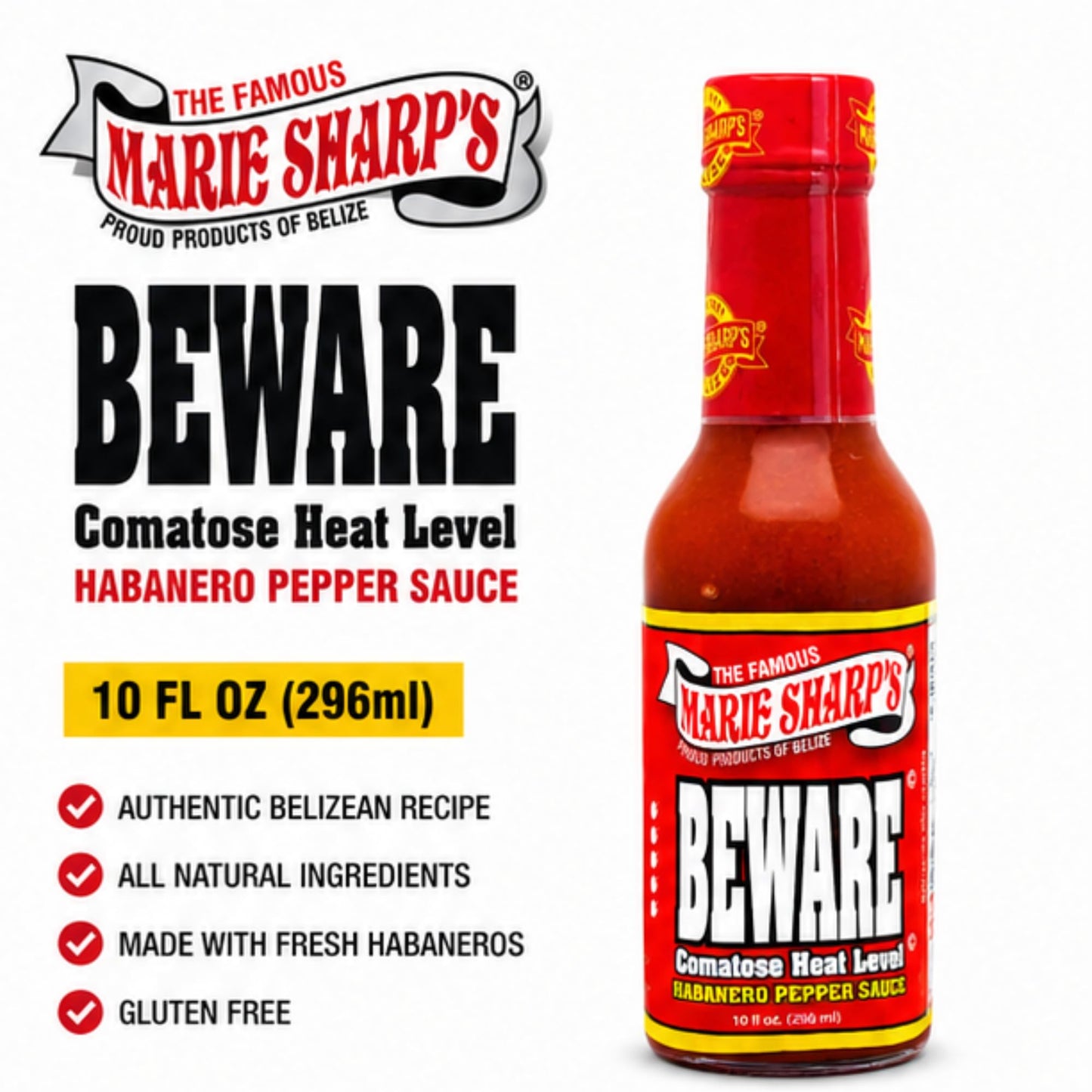 Marie Sharp’s BEWARE Comatose Heat Level Habanero Pepper Sauce, 10 oz | Extreme Heat Hot Sauce from Belize | All-Natural, No Preservatives