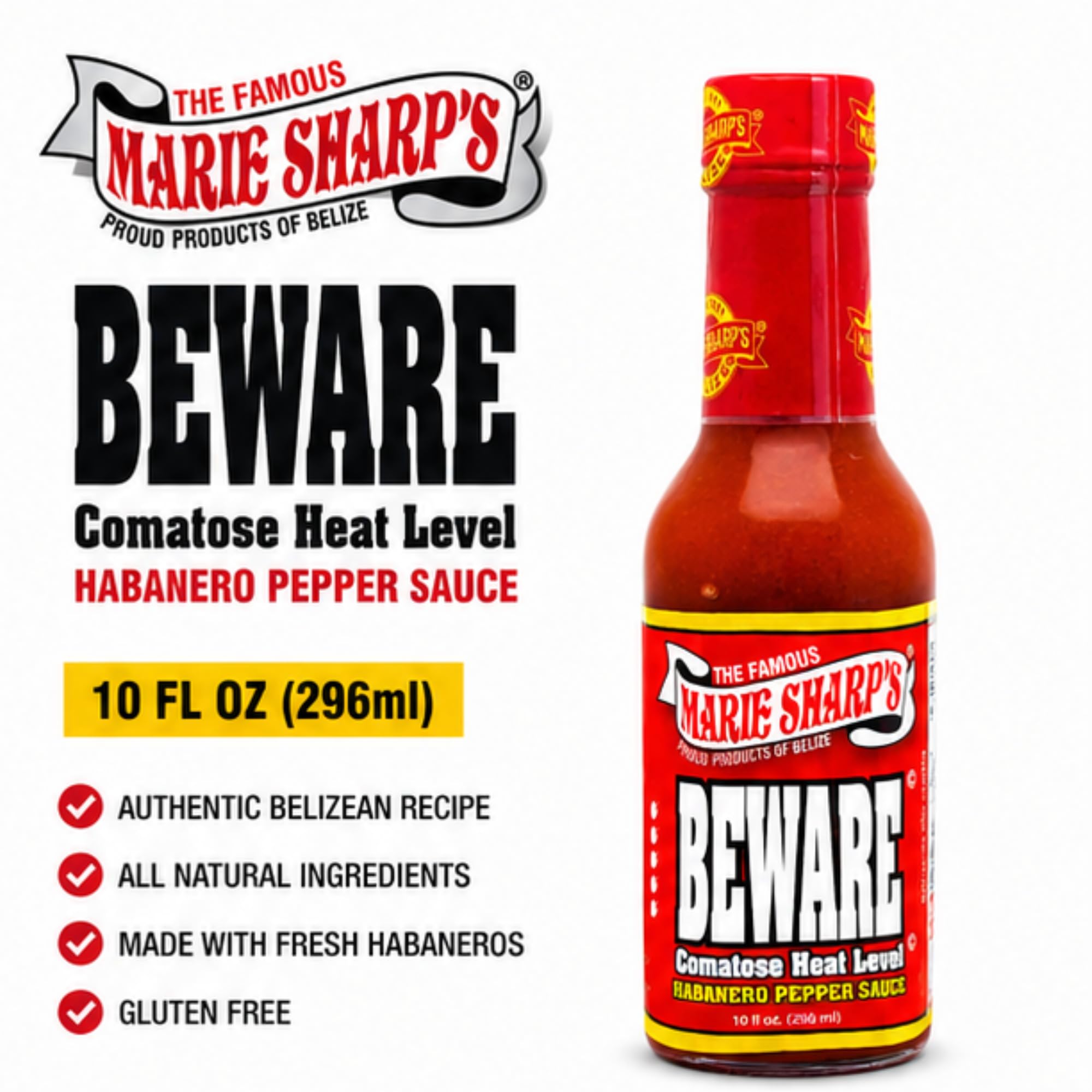 Marie Sharp’s BEWARE Comatose Heat Level Habanero Pepper Sauce, 10 oz | Extreme Heat Hot Sauce from Belize | All-Natural, No Preservatives
