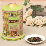 Basilur | Romantic Music Tin | Music Concert Collection | Pure Ceylon Green Tea with pineapple, rose petals, and flavors coffee & vanilla | Metal