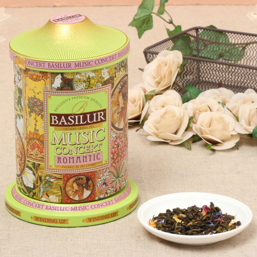 Basilur | Romantic Music Tin | Music Concert Collection | Pure Ceylon Green Tea with pineapple, rose petals, and flavors coffee & vanilla | Metal