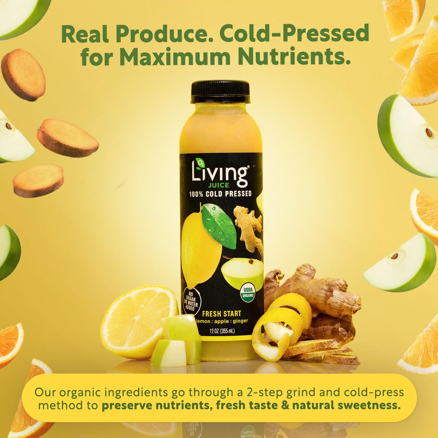 O2 Living Juice Cold Pressed Drink - Fresh Start Organic Juice Pack - No Added Sugars or Water, Naturally Sweetened from Fruits, Rich in Nutrients