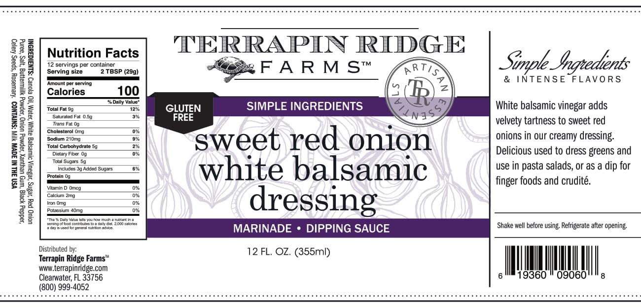 Terrapin Ridge Farms Sweet Red Onion White Balsamic Dressing - Creamy Gourmet 12 Fl Oz Bottle