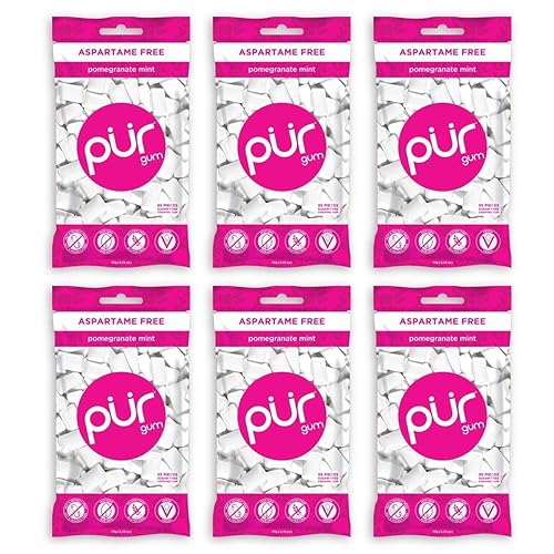 PUR 100% Xylitol Chewing Gum, Sugarless Pomegranate Mint, Sugar Free + Aspartame Free + Gluten Free, Vegan & Keto Friendly - Low Carb, Simply Pure