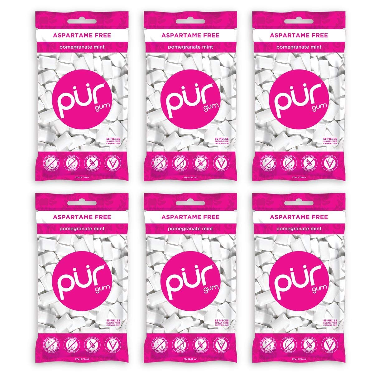PUR 100% Xylitol Chewing Gum, Sugarless Pomegranate Mint, Sugar Free + Aspartame Free + Gluten Free, Vegan & Keto Friendly - Low Carb, Simply Pure