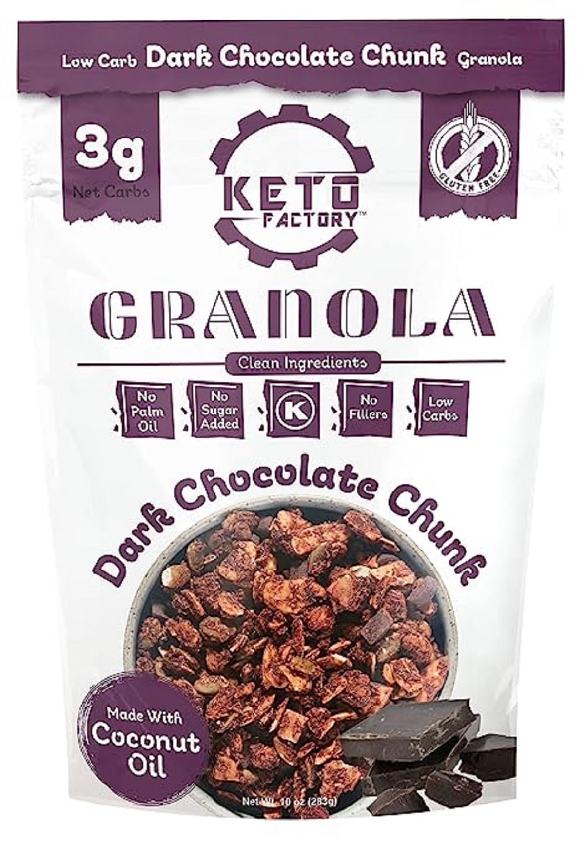 Keto Factory Dark Chocolate Granola - 3g Net Carbs, Diabetic Friendly, Gluten Free Snacks for Adults - Sugar Free, Crunchy and Tasty Keto Granola