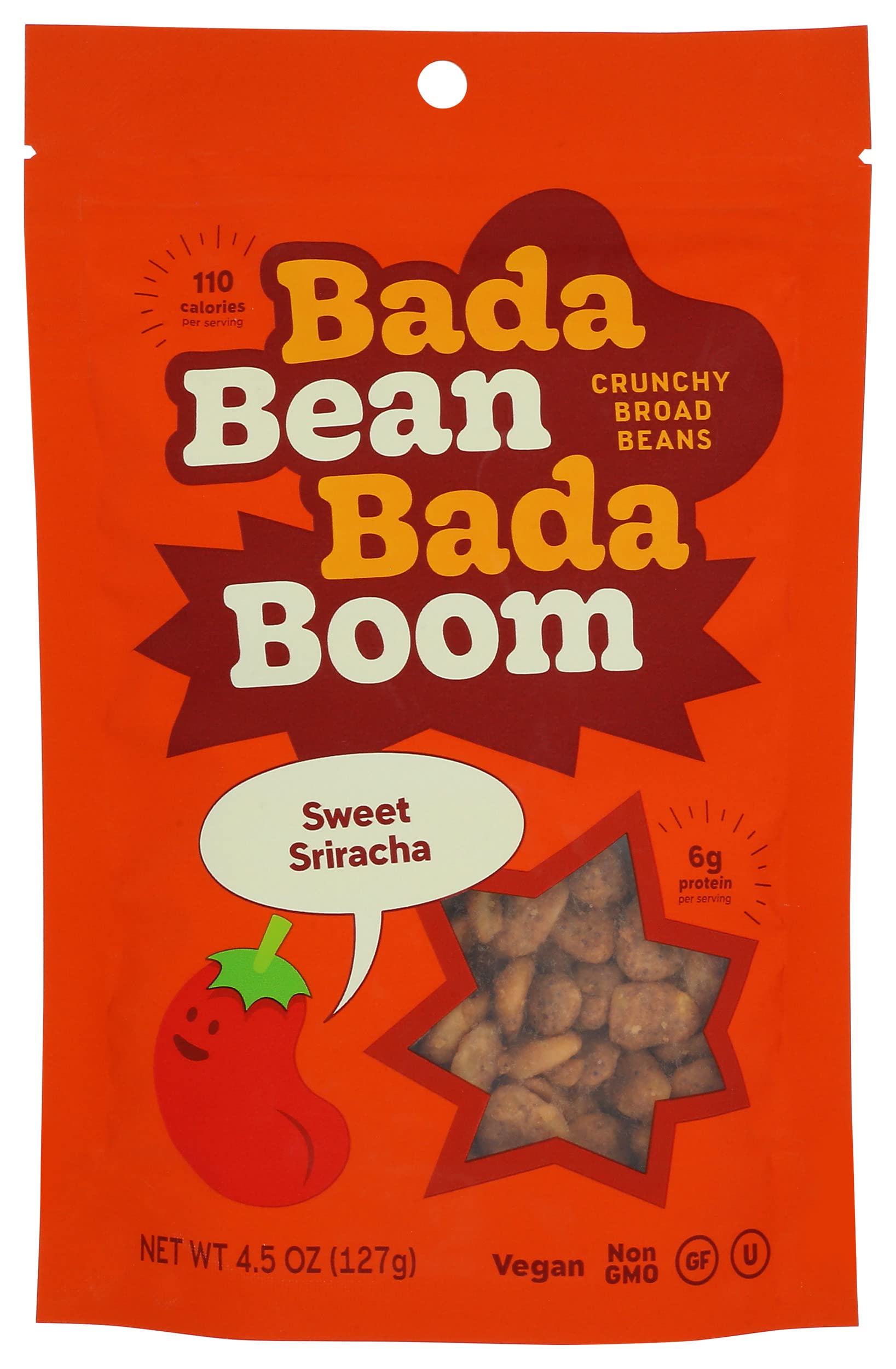 Bada Bean Bada Boom Plant-based Protein, Gluten Free, Vegan, Non-GMO, Soy Free, Kosher, Roasted Broad Fava Bean Snacks, Sriracha, 4.5 Ounce (Pack