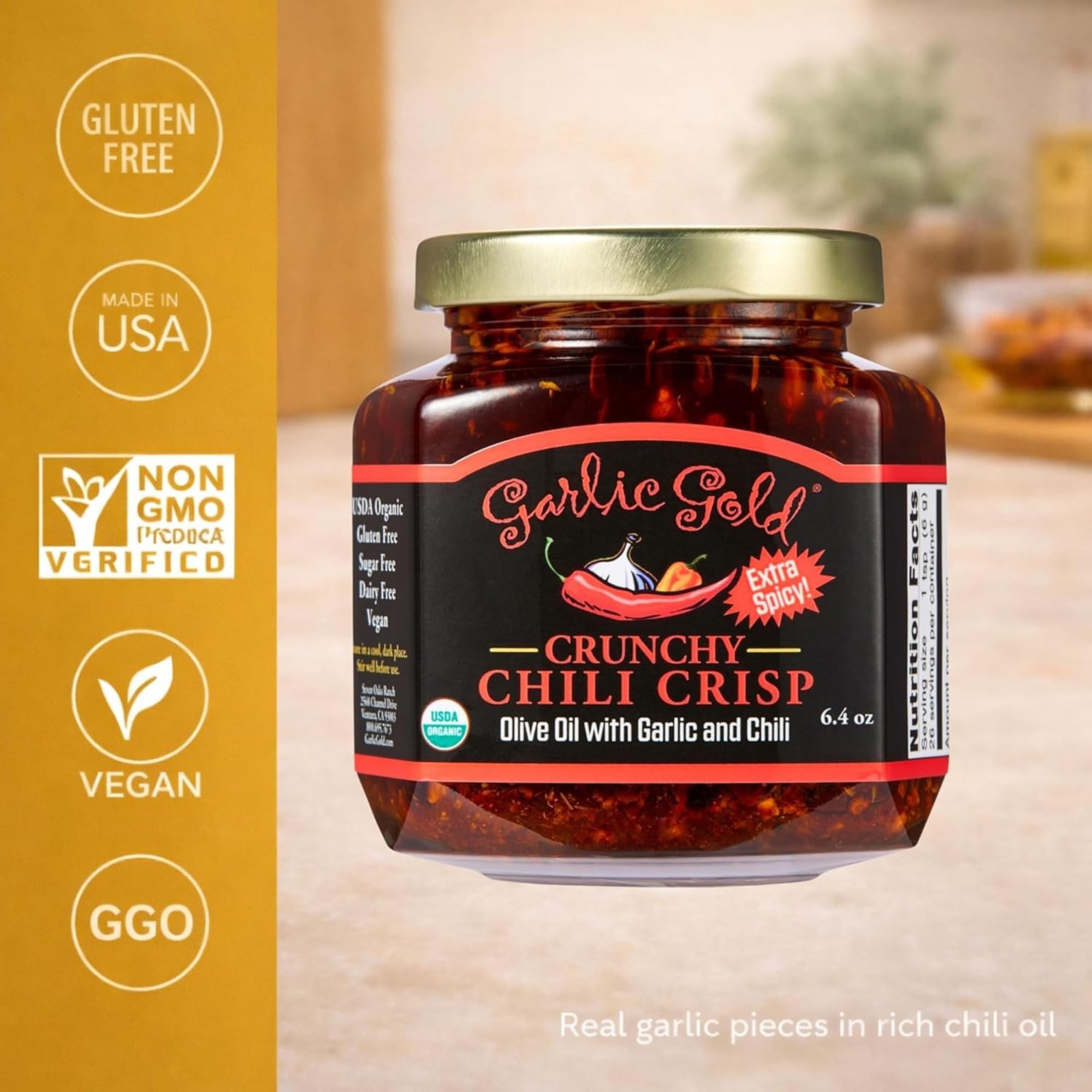 Garlic Gold Organic Extra Spicy Crunchy Chili Crisp | Olive Oil Infused with Garlic & Chili | USDA Organic, Gluten-Free, Keto-Friendly (6.4 oz)