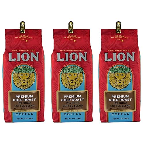 Lion Coffee, Premium Gold Roast, 10% Kona Coffee Blend, Ground, 7 Ounce Bag (Pack of Three)