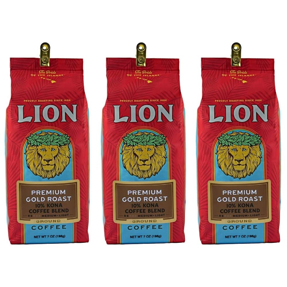 Lion Coffee, Premium Gold Roast, 10% Kona Coffee Blend, Ground, 7 Ounce Bag (Pack of Three)