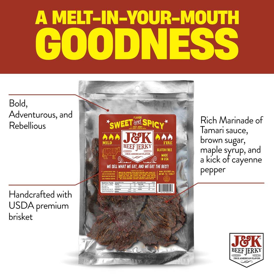 J&K Sweet and Spicy Beef Jerky - Hand Crafted Small Batch American Made Slab Beef Jerky - Bold & Flavorful Snack! - 7oz Big Bag