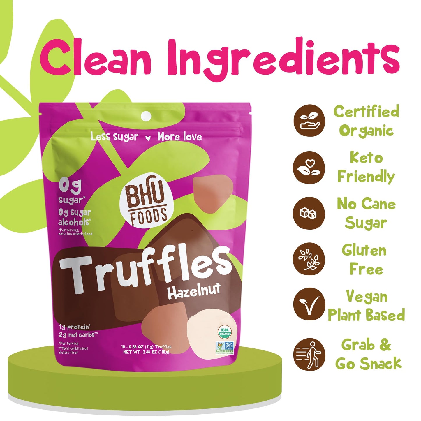 BHU FOODS Keto Fat Bombs, Organic, Vegan, Low Carb Sugar Free, Decadent Keto Candy made with Clean Ingredients, Hazelnut Chocolate Truffles (2 Bags)