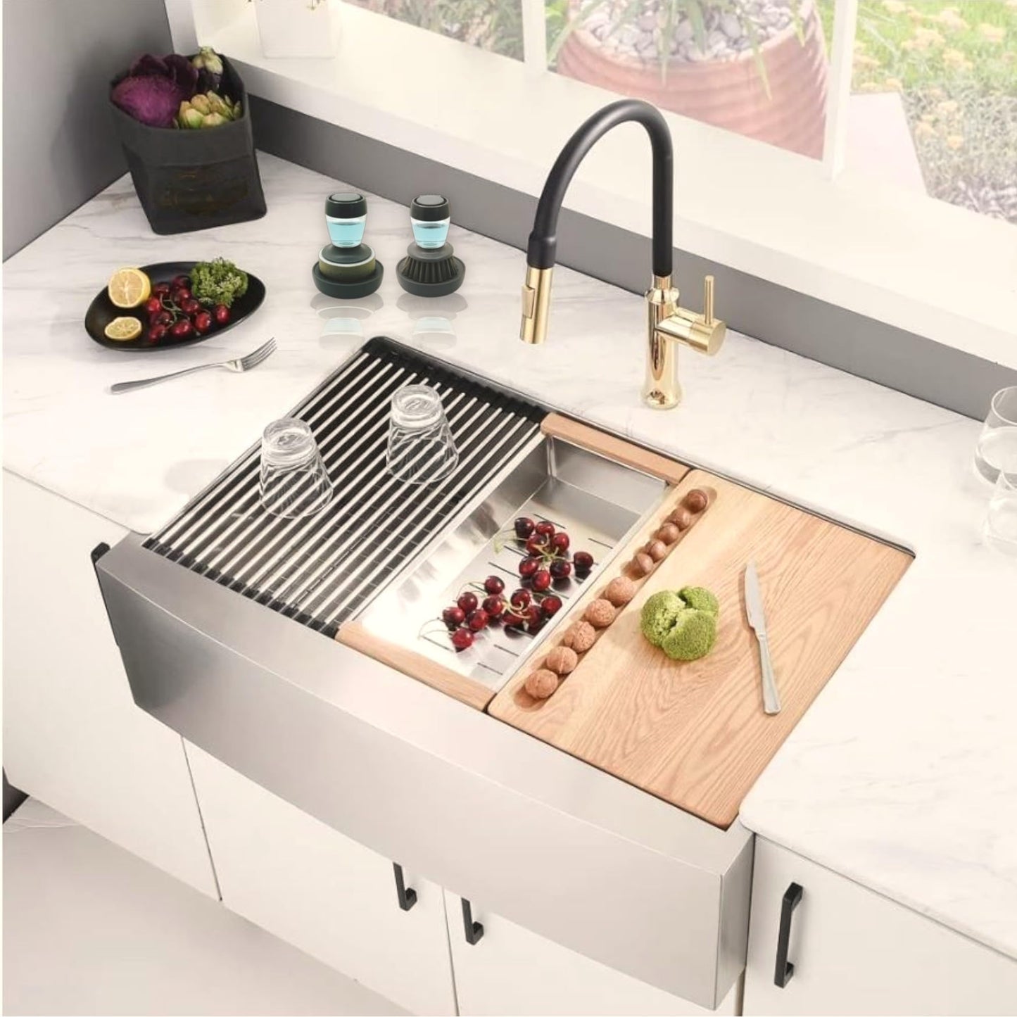 Dish Scrubber with Soap Dispenser - Multi-Purpose Kitchen Brush for Dish, Pot, Pan, and Sink Cleaning - Holder Included