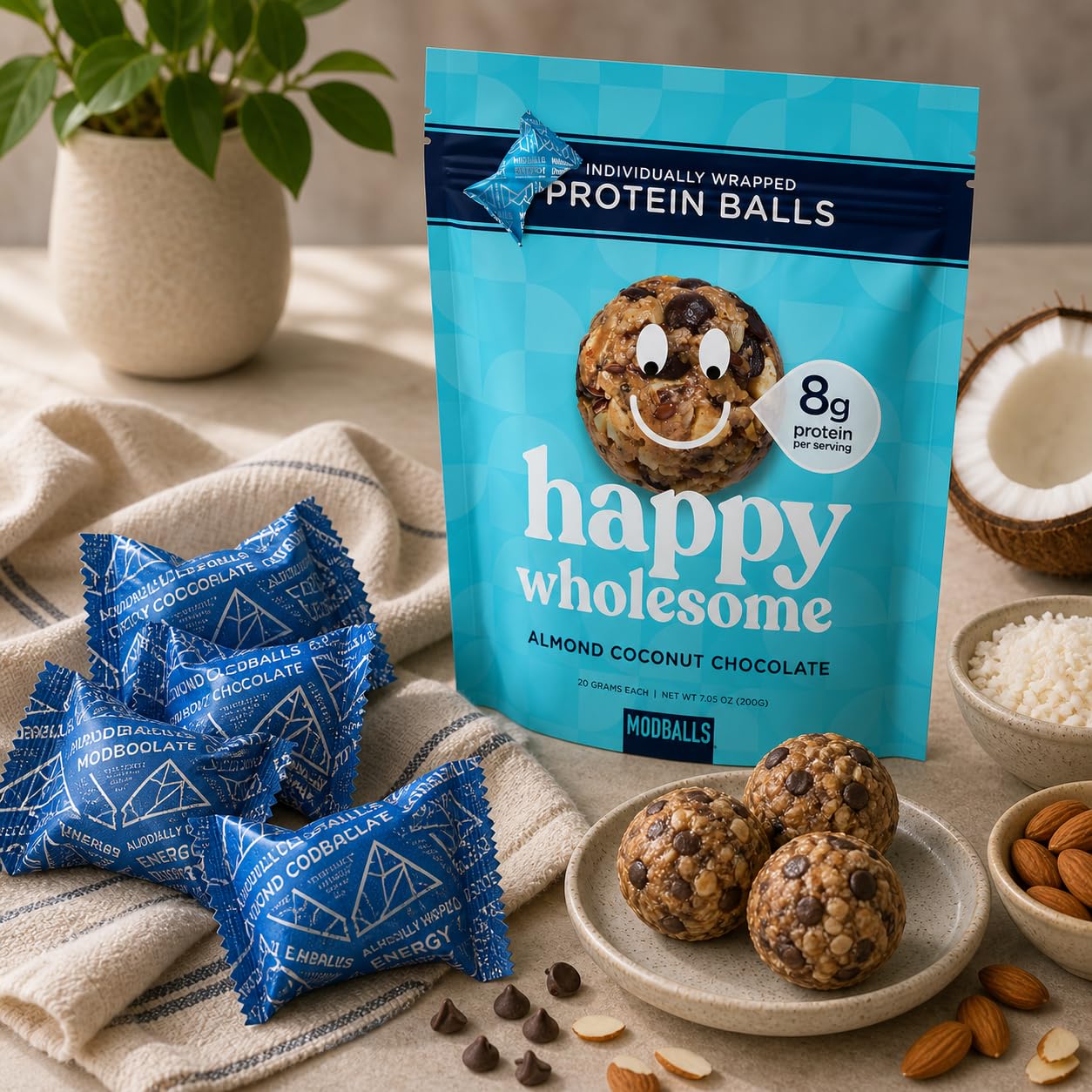 Happy Wholesome Almond Coconut Chocolate Protein Balls, 10 Count, 7.05oz Bag, 8g Protein per Serving, Individually Wrapped, Gluten Free Snack