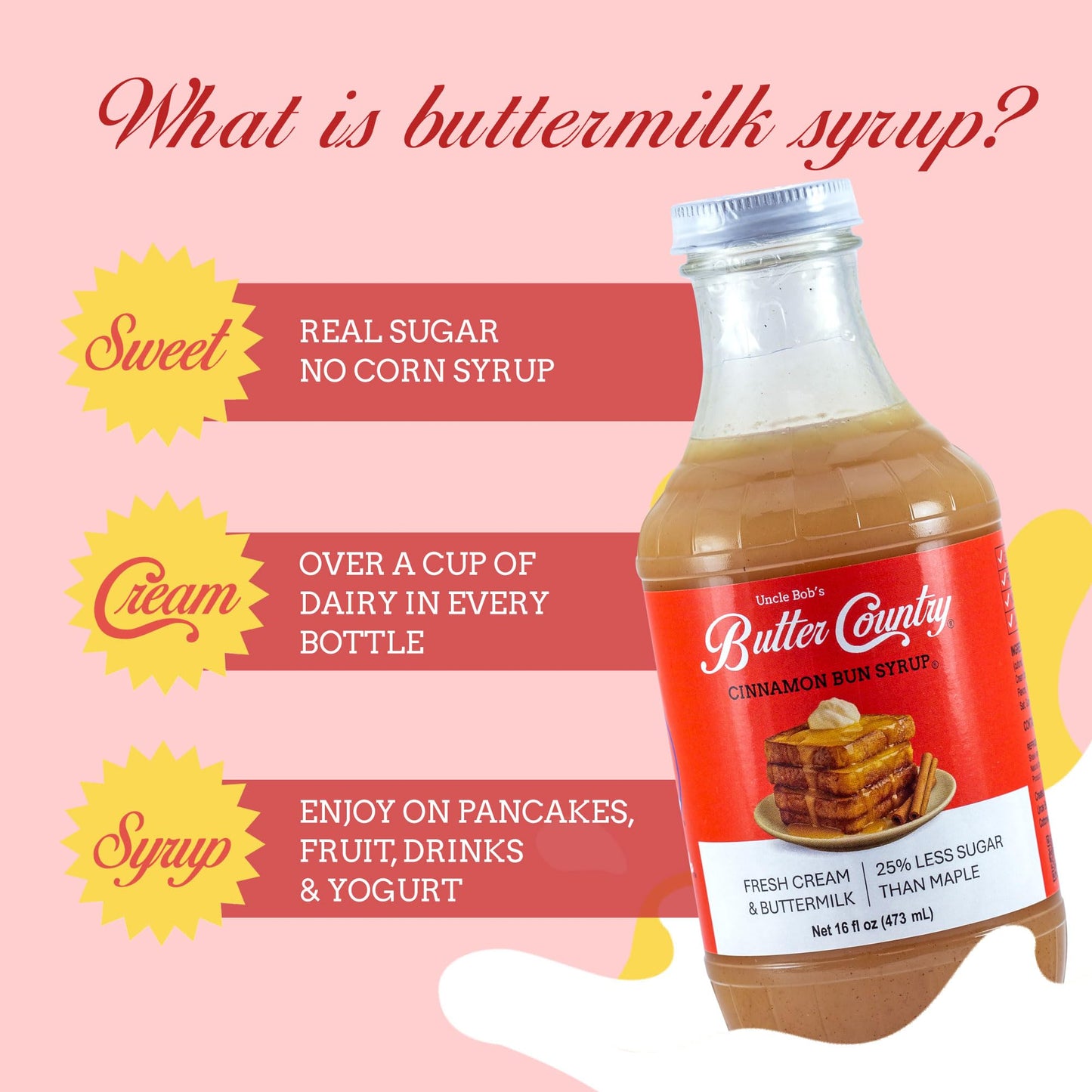 Uncle Bob's Butter Country Rich & Creamy Cinnamon Bun Flavored Buttermilk Syrup for Pancakes, Waffles, French Toast, & More, No Corn Syrup, Gluten