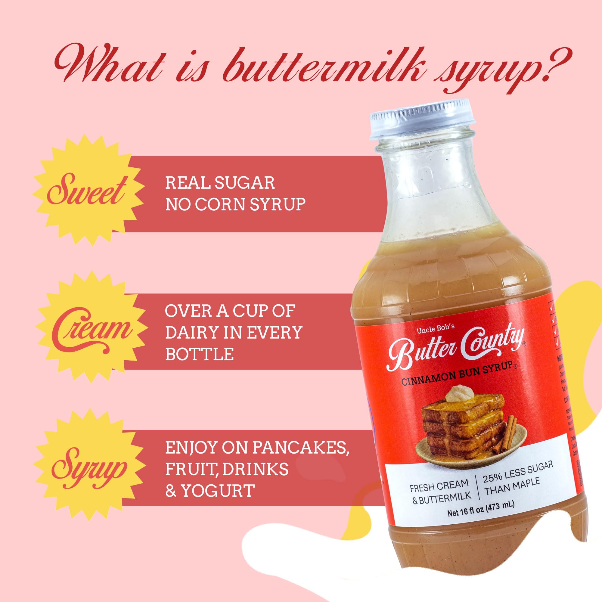 Uncle Bob's Butter Country Rich & Creamy Cinnamon Bun Flavored Buttermilk Syrup for Pancakes, Waffles, French Toast, & More, No Corn Syrup, Gluten