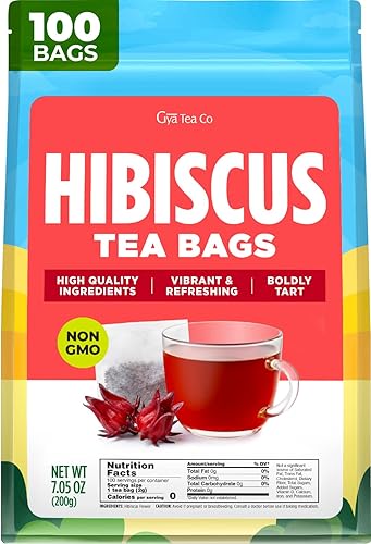 Gya Tea Co Hibiscus Tea Bags (100 Bags) - Caffeine Free - Tart And Refreshing Herbal Tea - No Added Sugar, No Fillers - Hot or Iced - Non-GMO