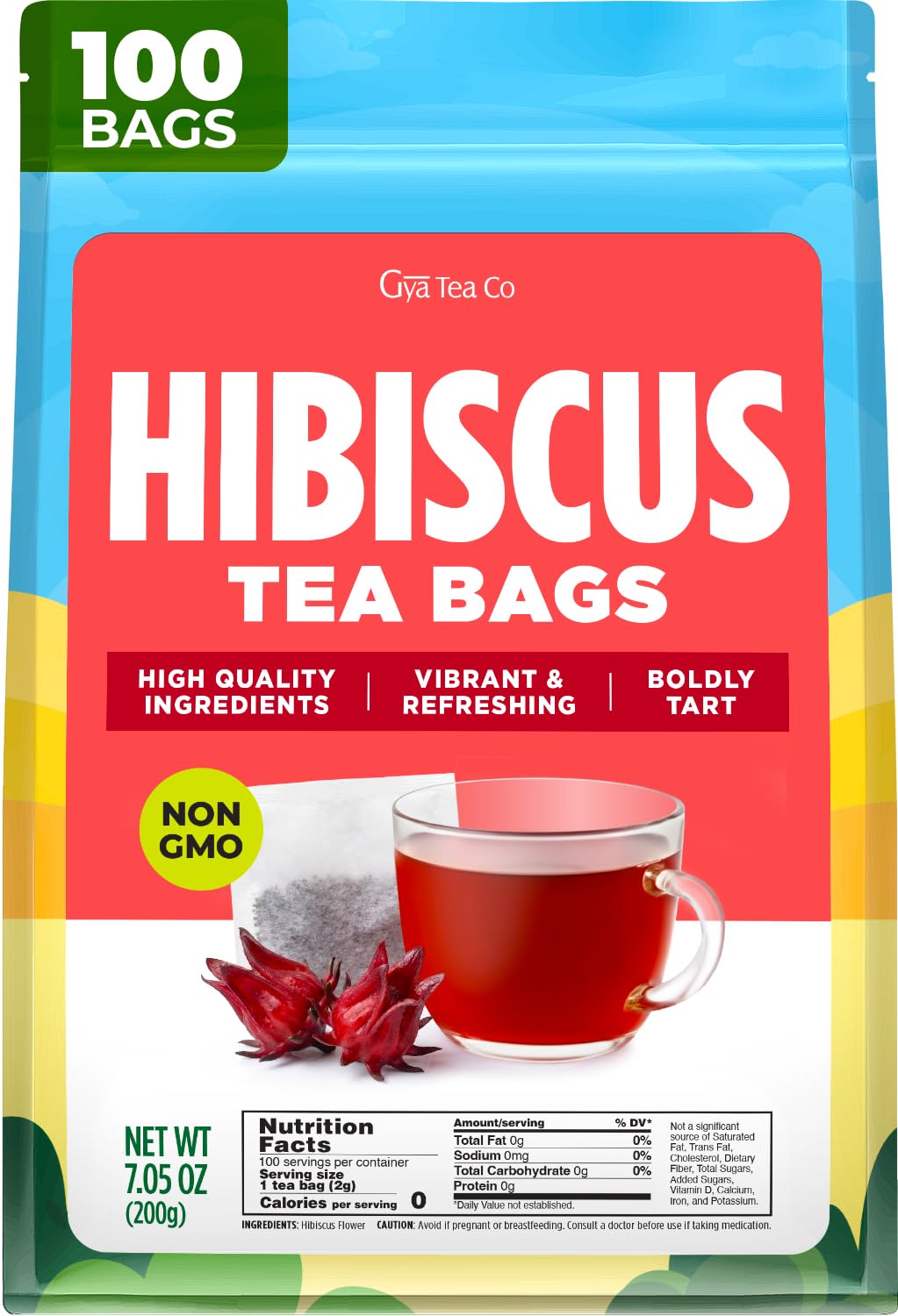 Gya Tea Co Hibiscus Tea Bags (100 Bags) - Caffeine Free - Tart And Refreshing Herbal Tea - No Added Sugar, No Fillers - Hot or Iced - Non-GMO