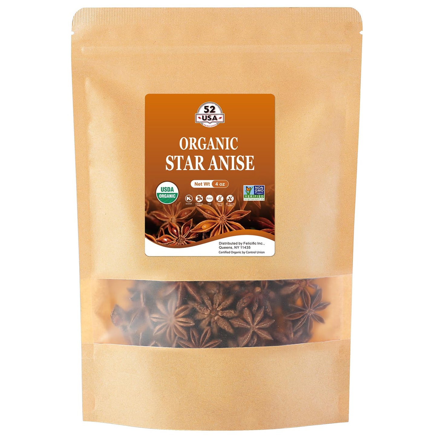 52USA Organic Star Anise - 4oz | Non-GMO, Whole Spice | Premium Quality for Cooking, Baking & Tea | Natural Flavor & Aroma